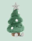 A green Christmas tree shaped tree stuffed toy with a star on top and adorable legs.