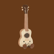 A brown and tan ukulele shaped stuffed toy.