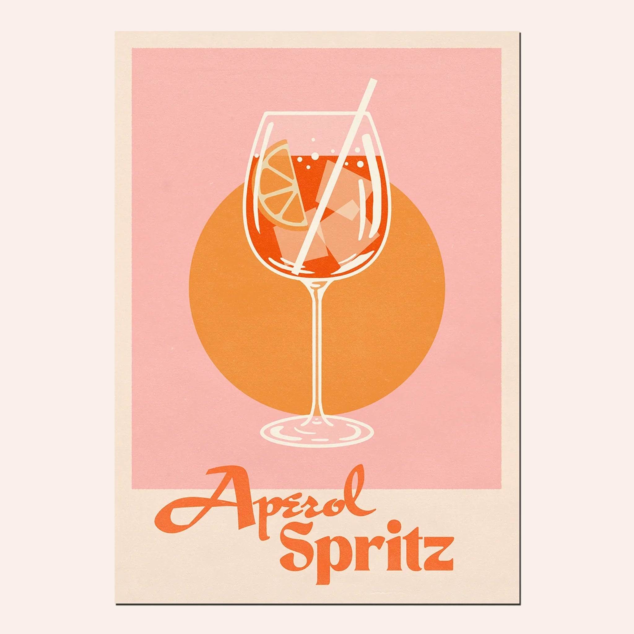 an aperol spritz cocktail illustration with an orange wedge in the glass sits on a pink background with orange circle. text reads aperol spritz