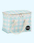 A light blue and white checkered print lunch box with ivory canvas handles.