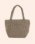 A brown and white stripe nylon tote bag with shoulder handles and a front pocket.