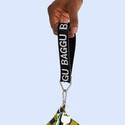 A black and white keychain with white text that reads, 'BAGGU' and has a silver loop for hanging.