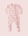 Pink footed onesie for babies. The print is small white ghosts with black witch hats. The onesie has a zipper.