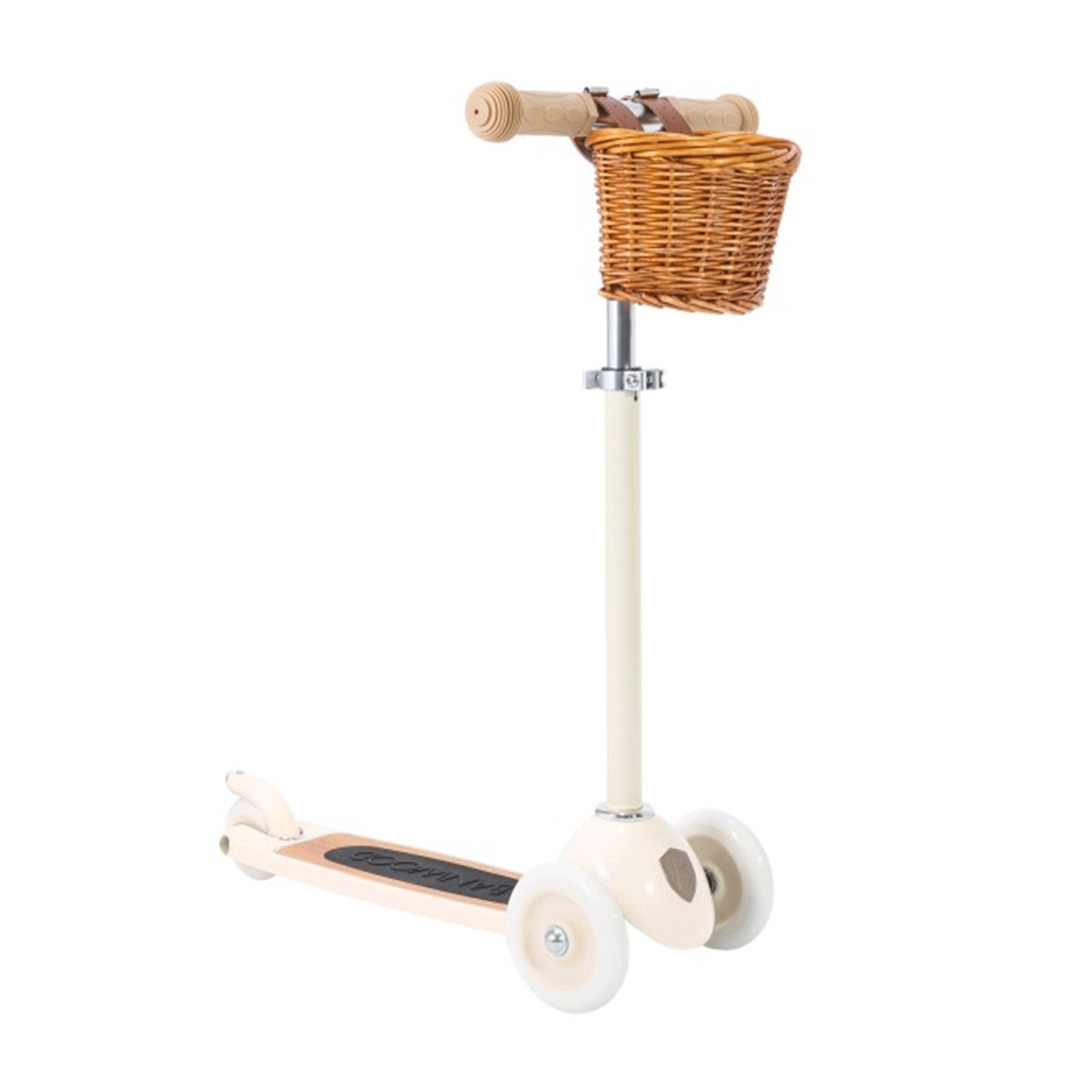 On a white background is a cream colored scooter with a basket on the front of the t-bar.