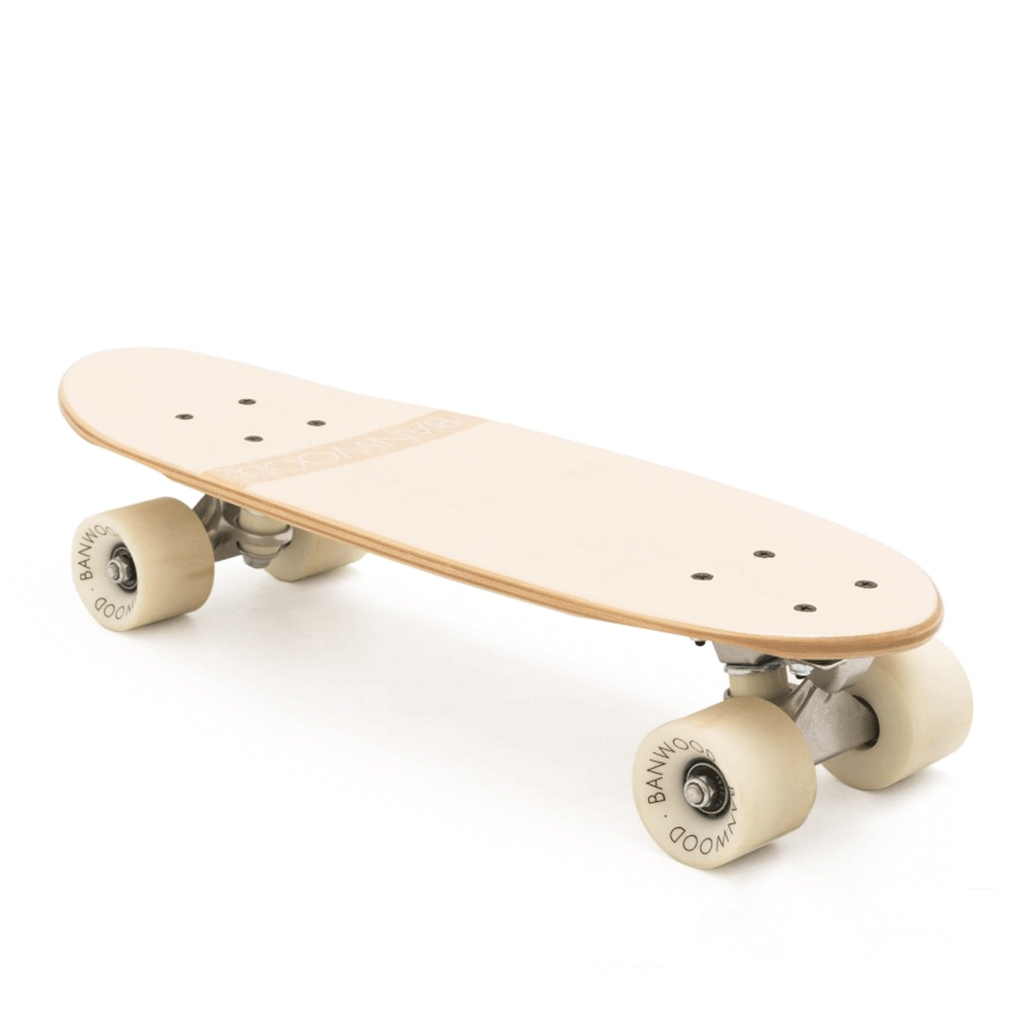 On a white background is a cream colored wood skateboard with white wheels. 