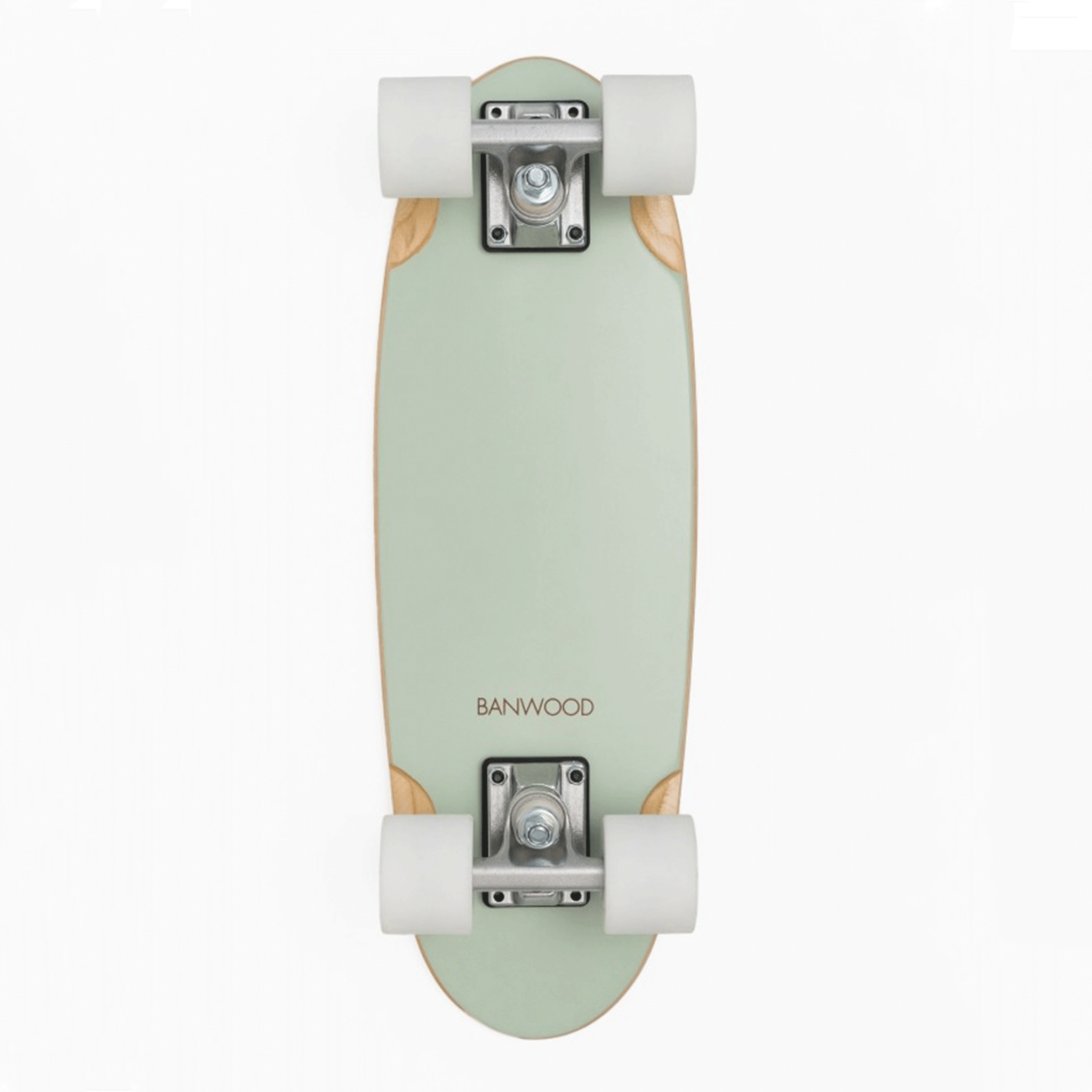 On a white background is a mint colored skateboard with white wheels. 