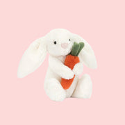 A white stuffed animal bunny holding an orange stuffed carrot.