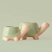 Two different sized green turtle shaped ceramic planters with plants inside that are sold separately.