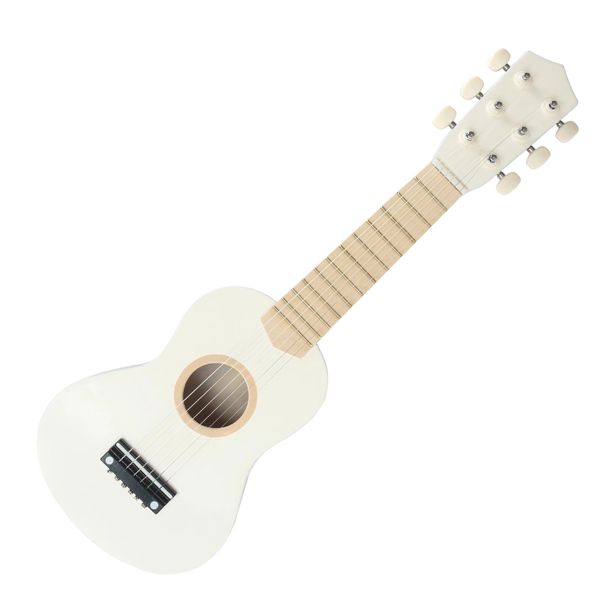 On a white background is an ivory toy guitar with 6 strings. 