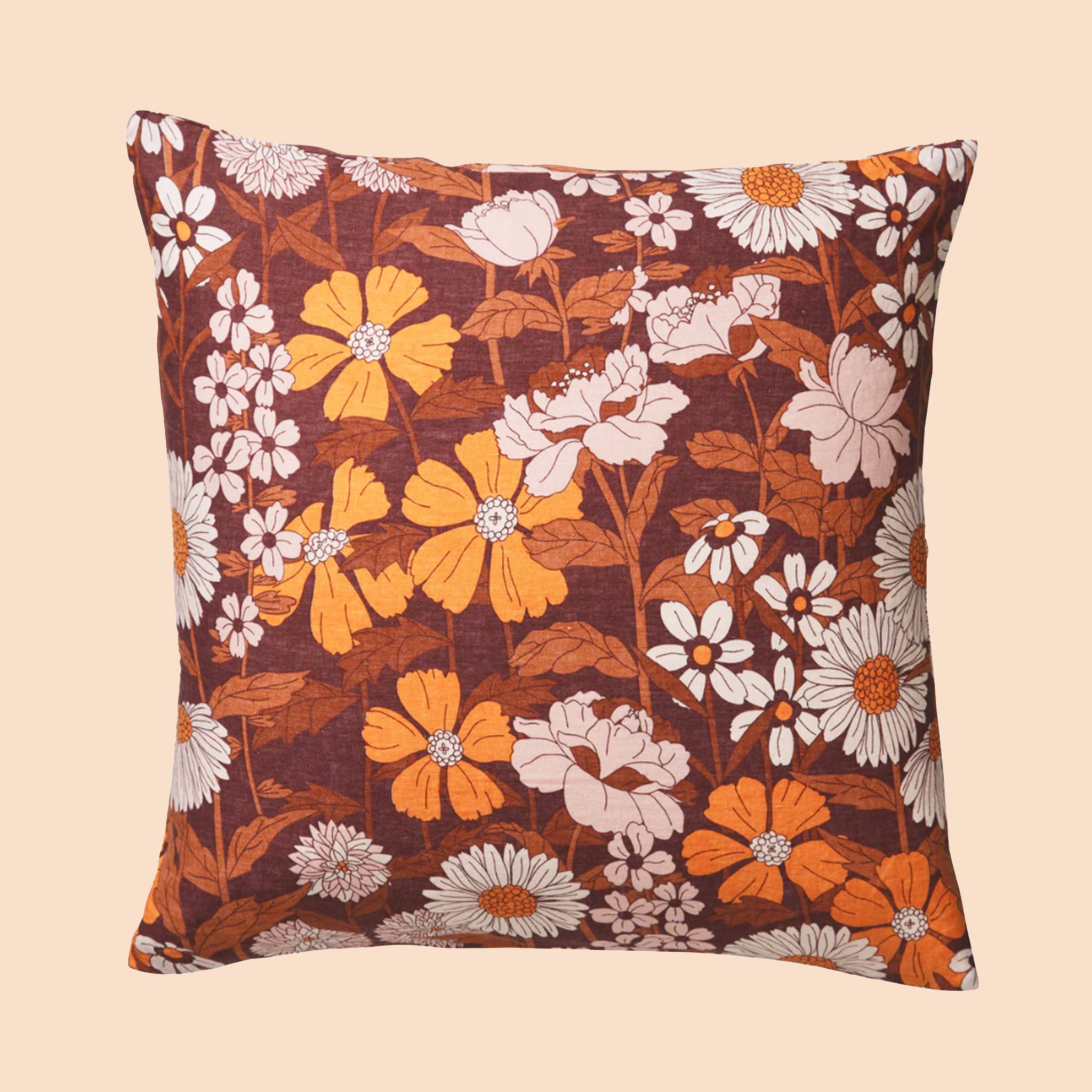 A euro pillowcase with a rust and orange floral print.