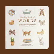 An ivory square book with neutral items on the front cover with text in the center that reads, 'Our Big Book of Words'.