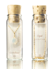 On a white background is a clear glass bottle with a cork top filled with a gold chain necklace with an opal October birthstone teardrop shaped gem in the center.