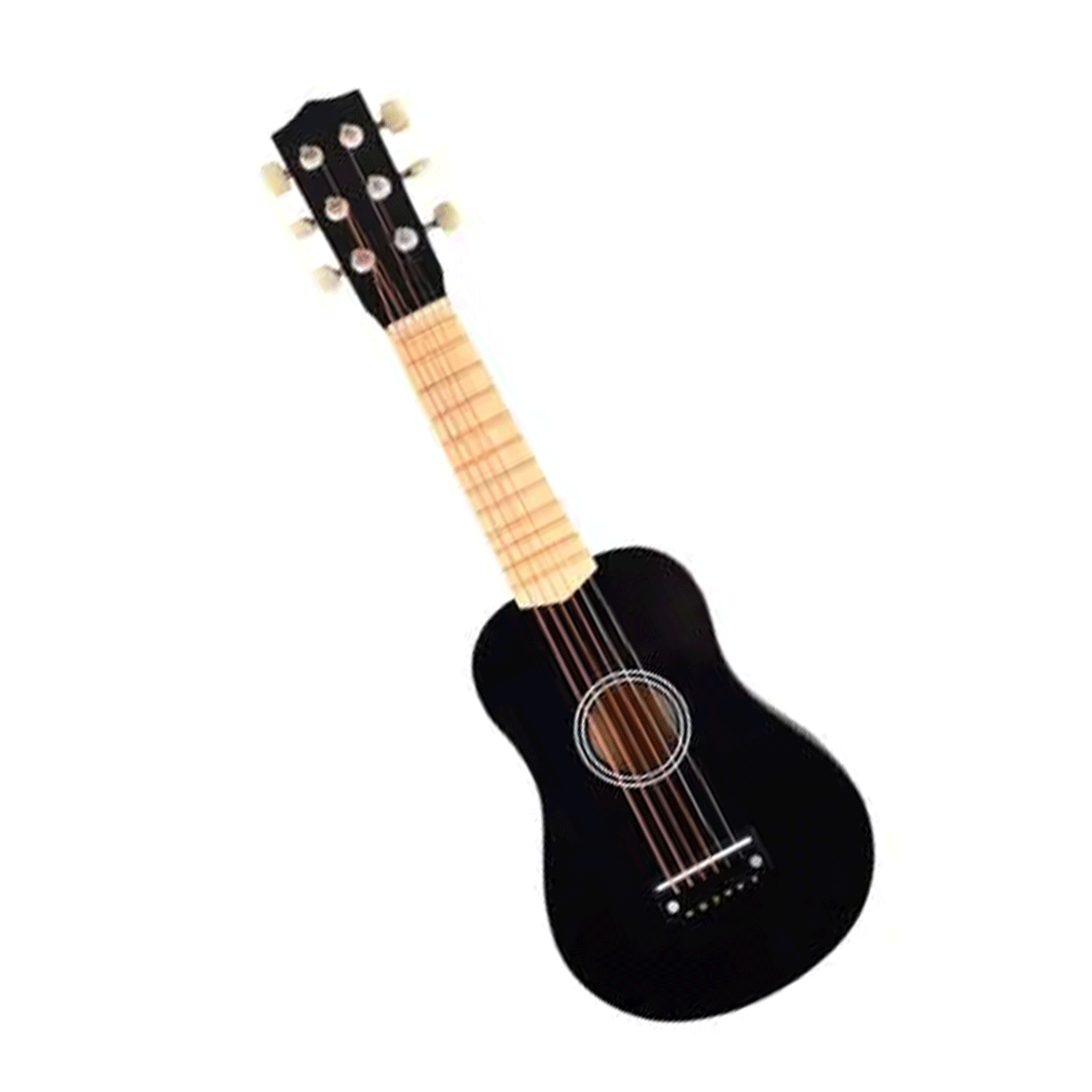 On a white background is a black toy guitar with six strings. 