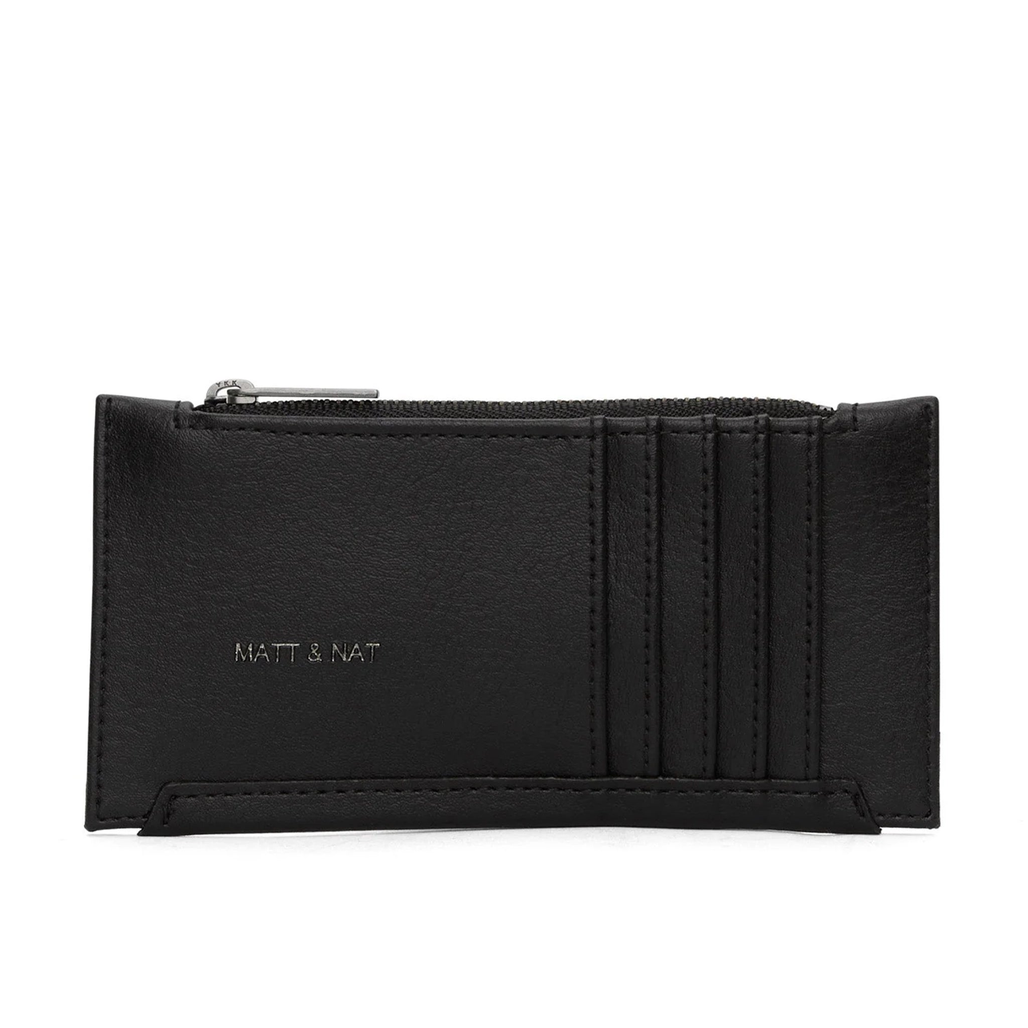 On a white background is a black wallet with a zipper and card slots on the outside.