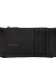 On a white background is a black wallet with a zipper and card slots on the outside.
