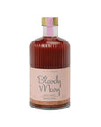 A glass bottle of bloody mary mix with a pink label and a gold lid.