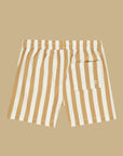 A pair of dark yellow ish brown and white stripe boardshorts.