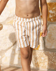 A pair of dark yellow ish brown and white stripe boardshorts.