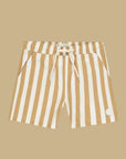 A pair of dark yellow ish brown and white stripe boardshorts.