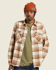 A tan, cream and brown plaid flannel shirt for men.