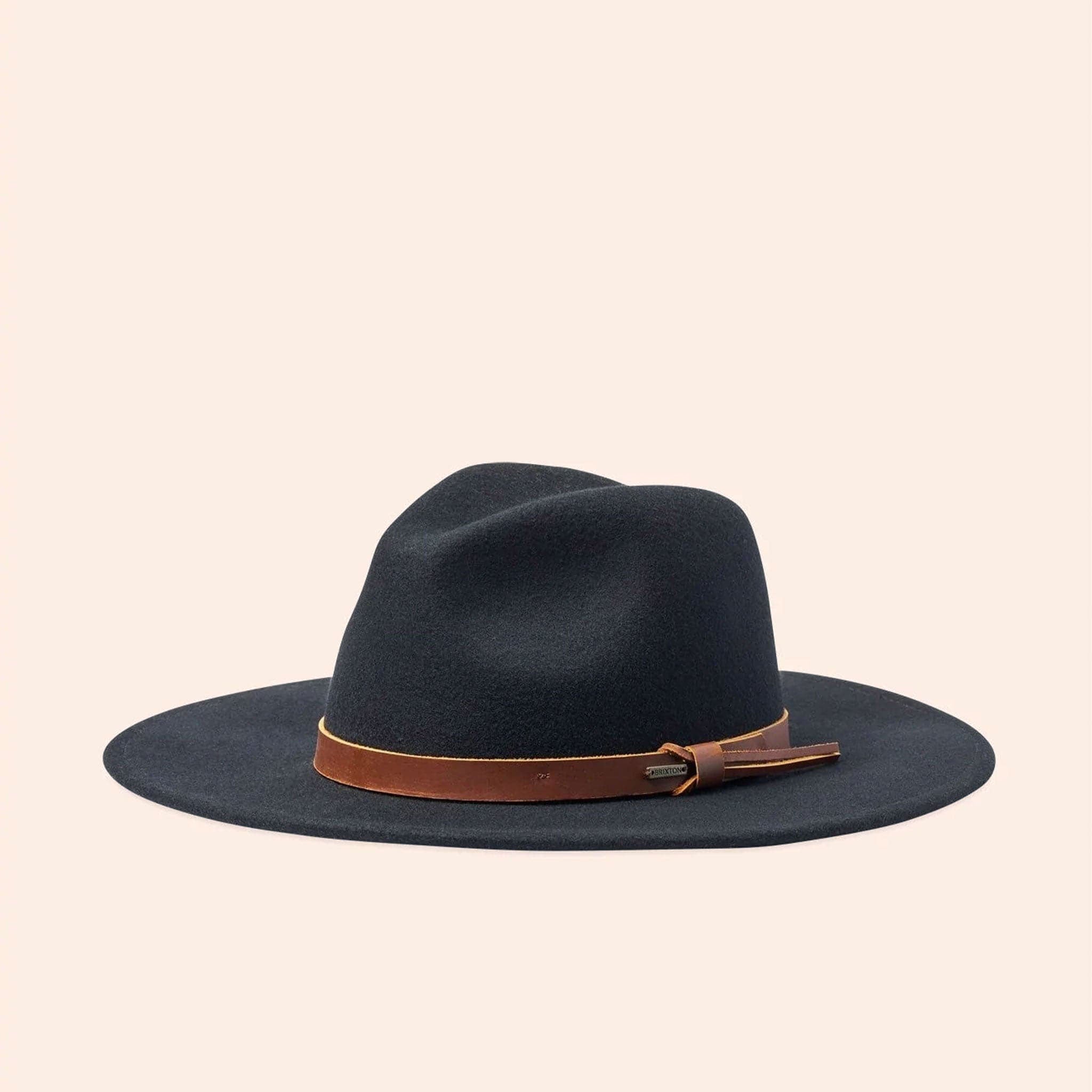 A black hat with a flat brim and a brown leather strap around the base.
