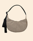 An ivory and browns striped nylon handbag with a black strap.