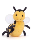 On a white background is a yellow and black bee stuffed animal with a smiling face, a fuzzy body and round wings.