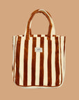 A brown and ivory terry cloth tote bag.