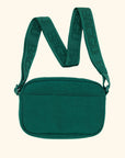 A green crossbody bag made of nylon with an adjustable strap.
