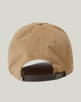 A tan baseball hat with brown embroidered horses on the front, text that reads, 'Brixton' and a brown leather adjustable strap in the back.