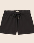A pair of black lounge shorts with a tie detail.