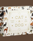 On a tan background is a box of playing cards with photos of cats and dogs on them.