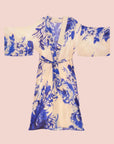 A tan and blue kimono robe with a blue floral print.