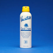 White glossy bottle of spray sunscreen. The bottle reads 'Vacation, Classic Spray, Broad Spectrum SPF 30 Sunscreen' in blue lettering. The bottle is complete with a yellow spray cap.