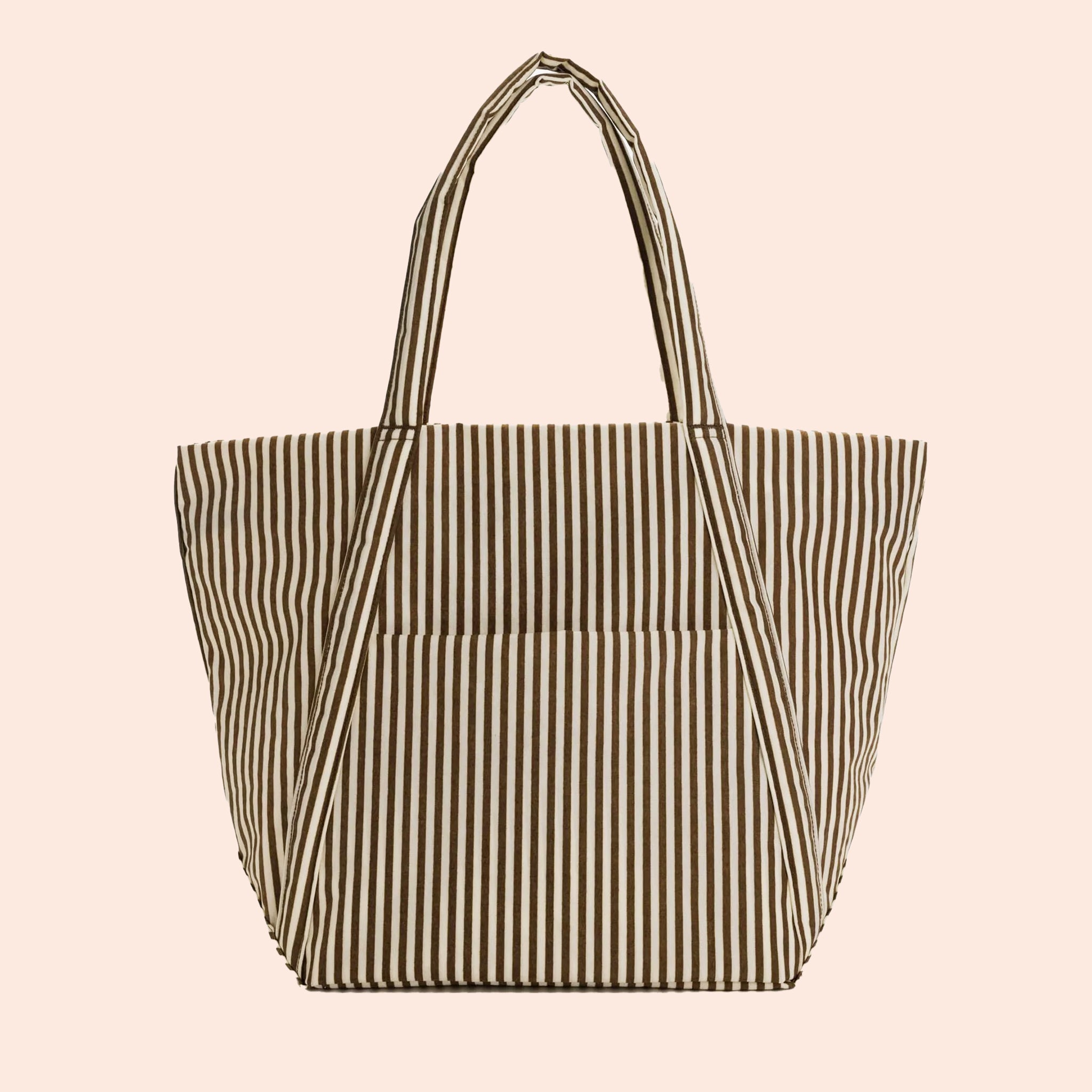 A brown stripe tote bag with a shoulder strap. 