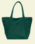 A dark green nylon tote bag with two hand straps and a front pocket.