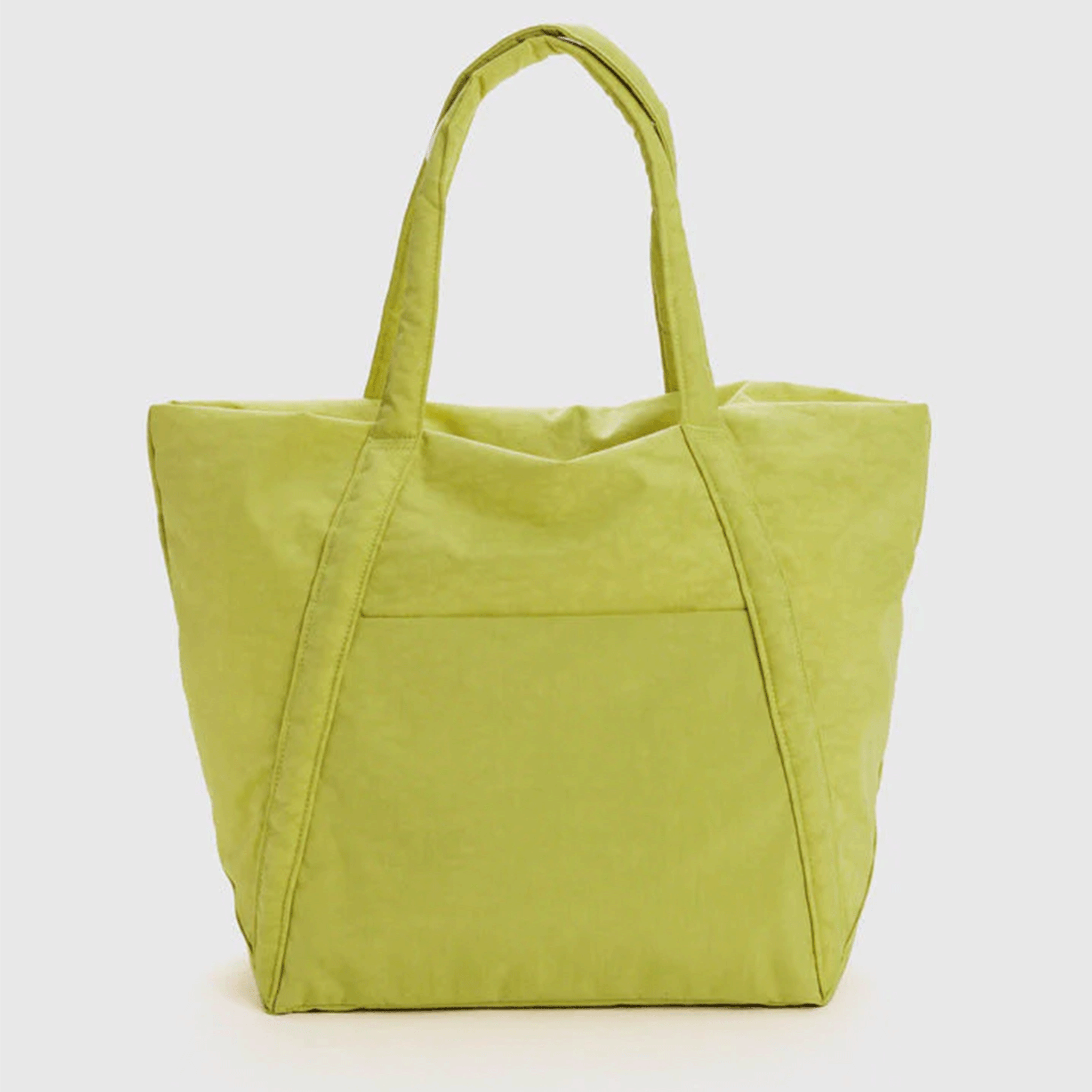 On a white background is a lime green nylon tote bag with a puffy finish and two shoulder straps. 