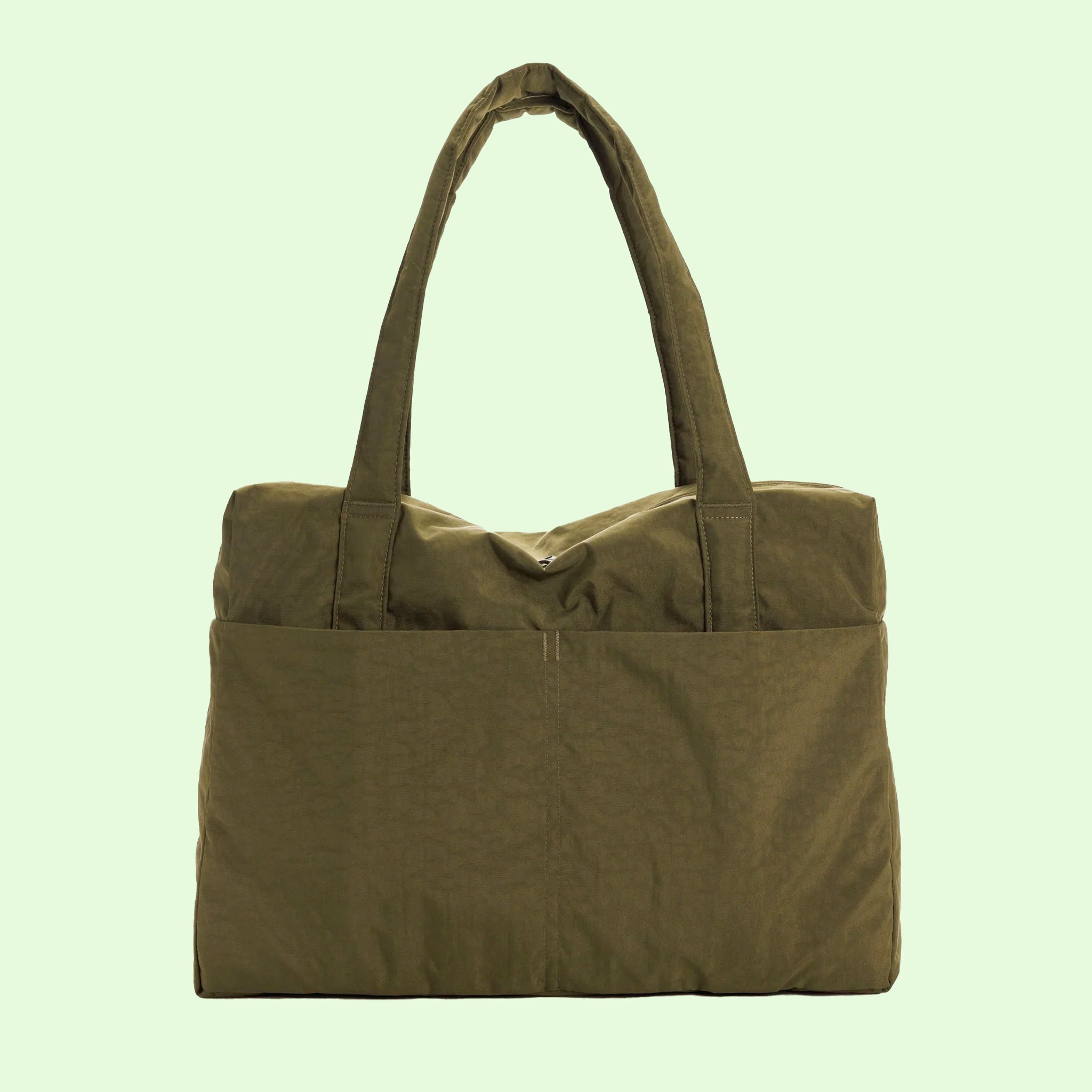 A green tote bag carry on. 
