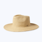 On a white background is a natural colored straw cowboy sun hat with a wide brim.