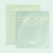 On a light peach background is a green package that holds a hydrogel facial mask with gold text on the front that reads, "Collagen 2 Piece Hydrogel Face Mask".