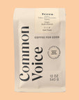 A bag of coffee in a neutral package with black text that reads, "Common Voice".