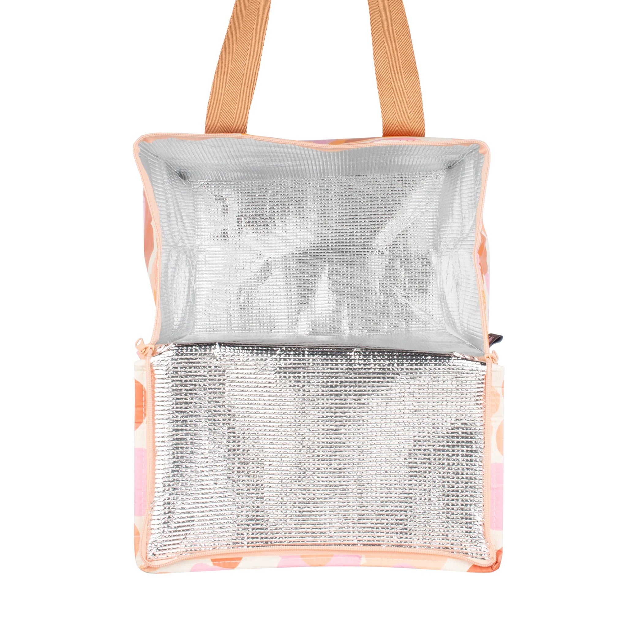 An orange pink and ivory floral print cooler bag.