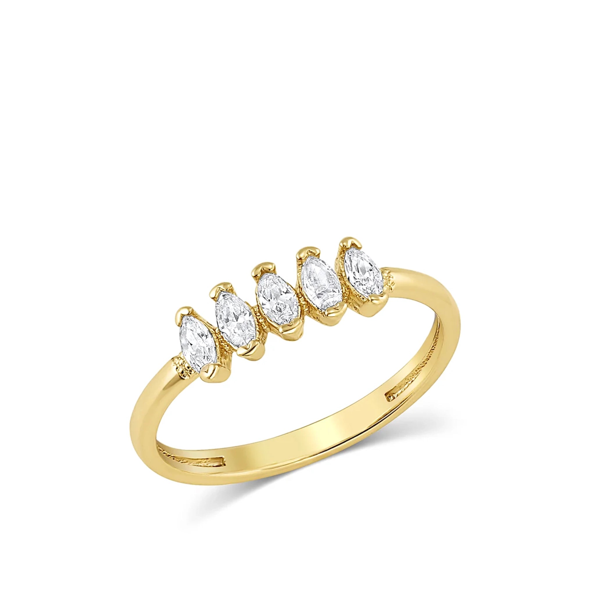 The Cooper Ring is a thin gold band with 5 cz diamonds stacked next to one another across the top.
