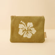 An olive green corduroy pouch with a cream colored hibiscus flower in the center.