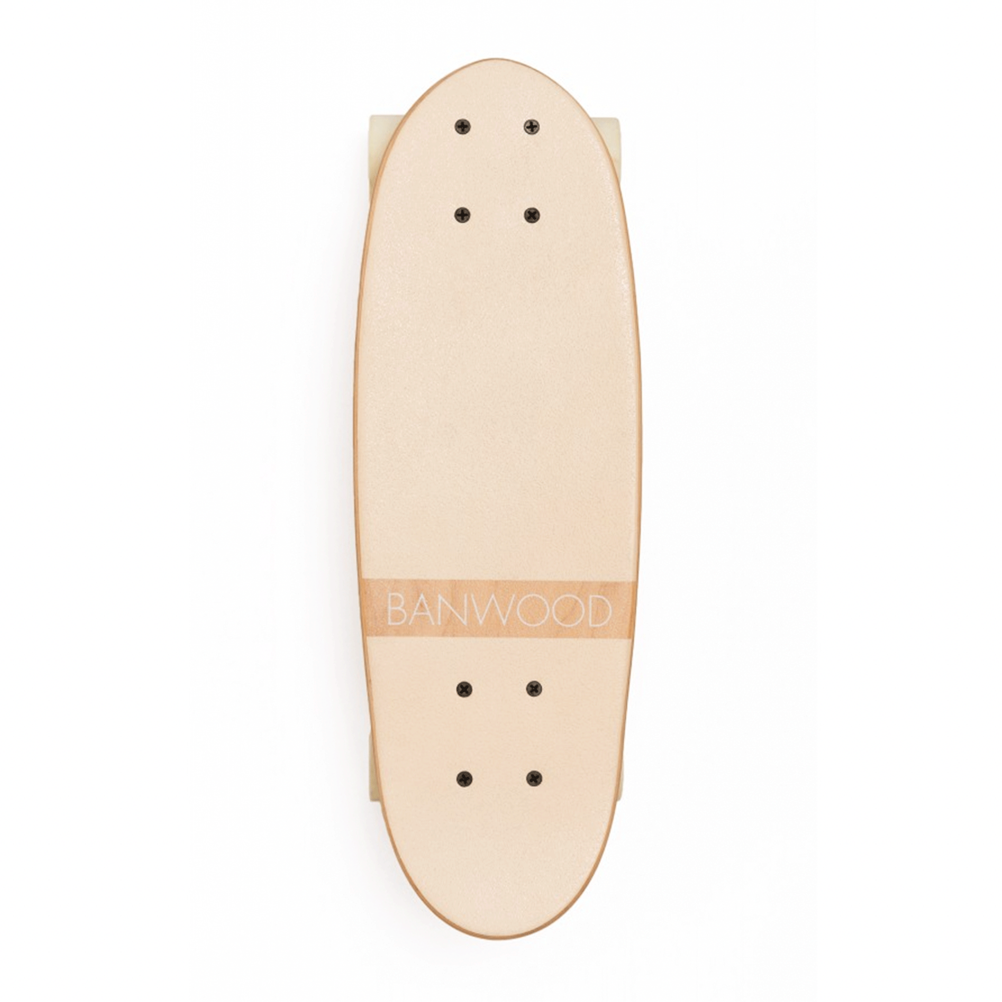 On a white background is a cream colored wood skateboard with white wheels.