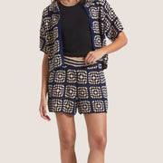 A crochet pair of dark blue and cream colored shorts.