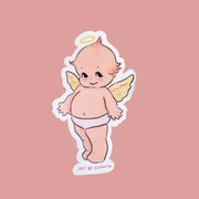 A sticker of a baby cupid in an angel outfit with wings.