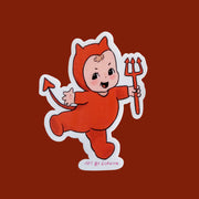 A sticker of a baby cupid in a red devil outfit.