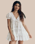 A white ruffle mini dress with a vneck and puff sleeves.