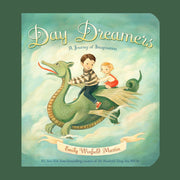 An aqua green book cover with the title, "Day Dreamers: A Journey of Imagination" along with an illustration of a dragon and two kids riding through the sky.